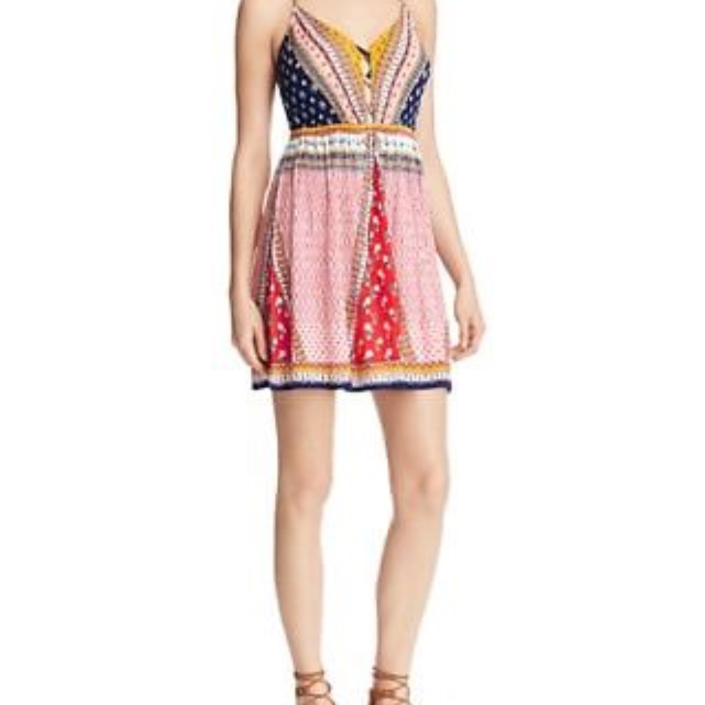 Aqua "Patchwork Lace Up" Summer Mini-Dress